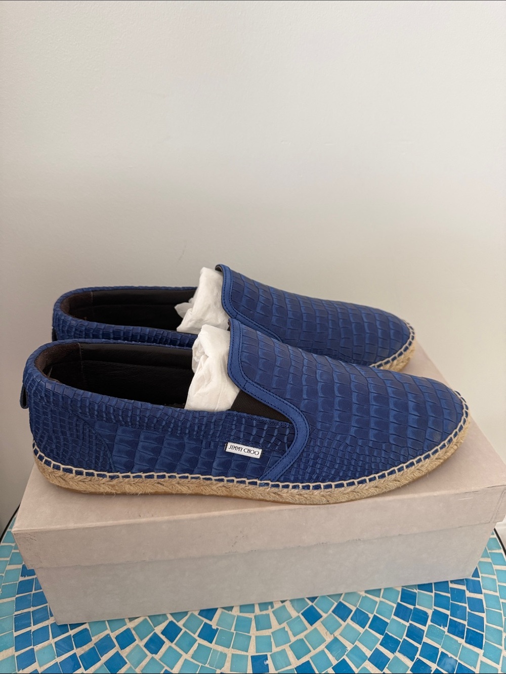 Jimmy Choo Men’s Vlad Blue Croc-Embossed Espadrille Slip-Ons